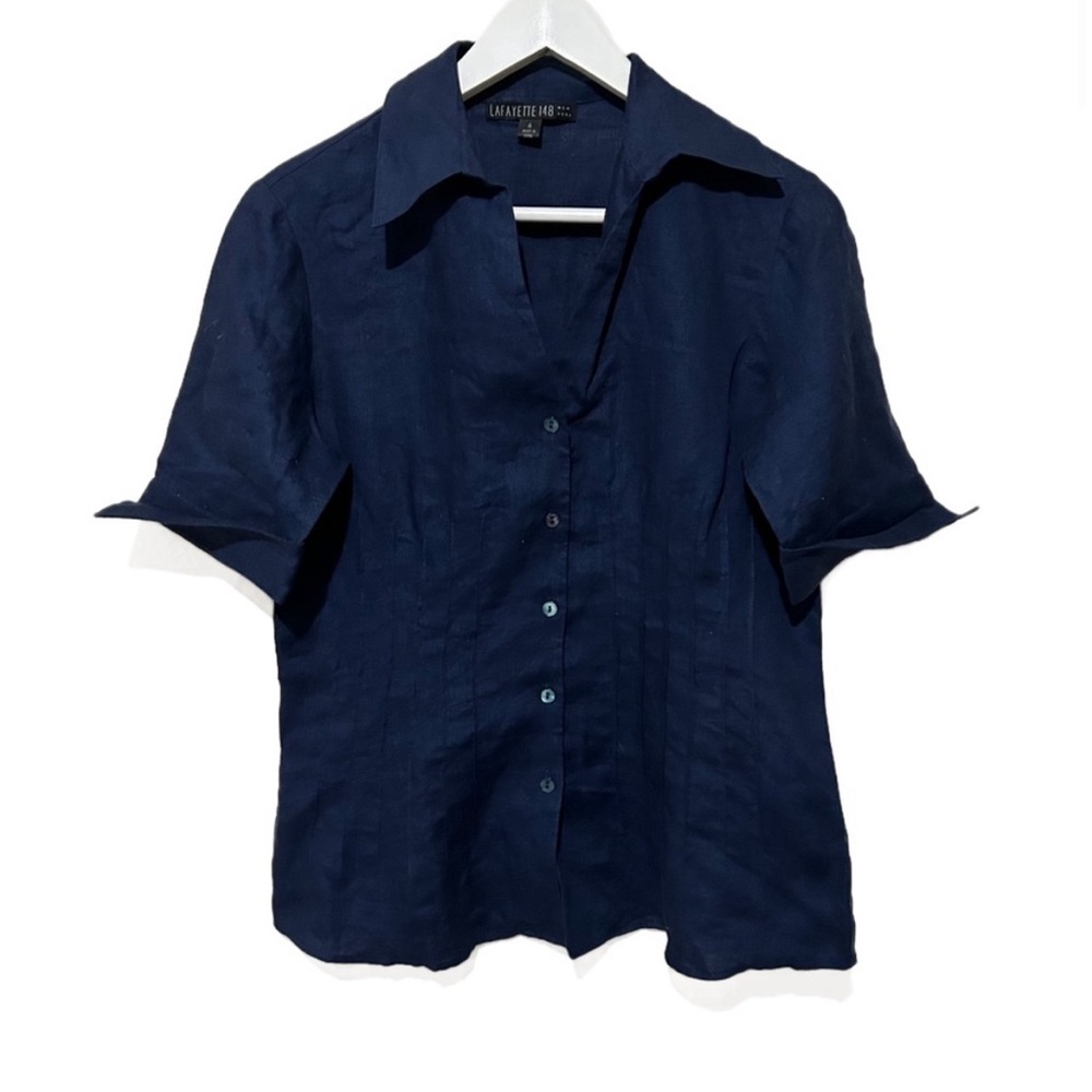 Lafayette 148 Linen Button Down Shirt Womens Size 4 Collared Short Sleeves Navy